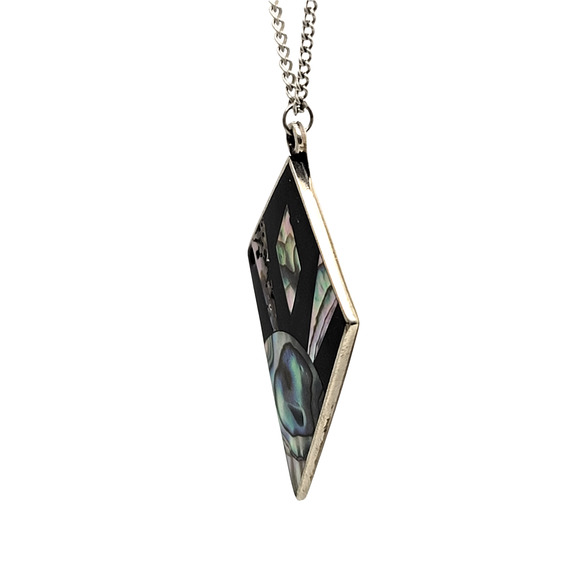 Vintage Silver Inlaid Mother of Pearl and Jet Art Deco Design Pendant 18" Chain - Picture 5 of 6
